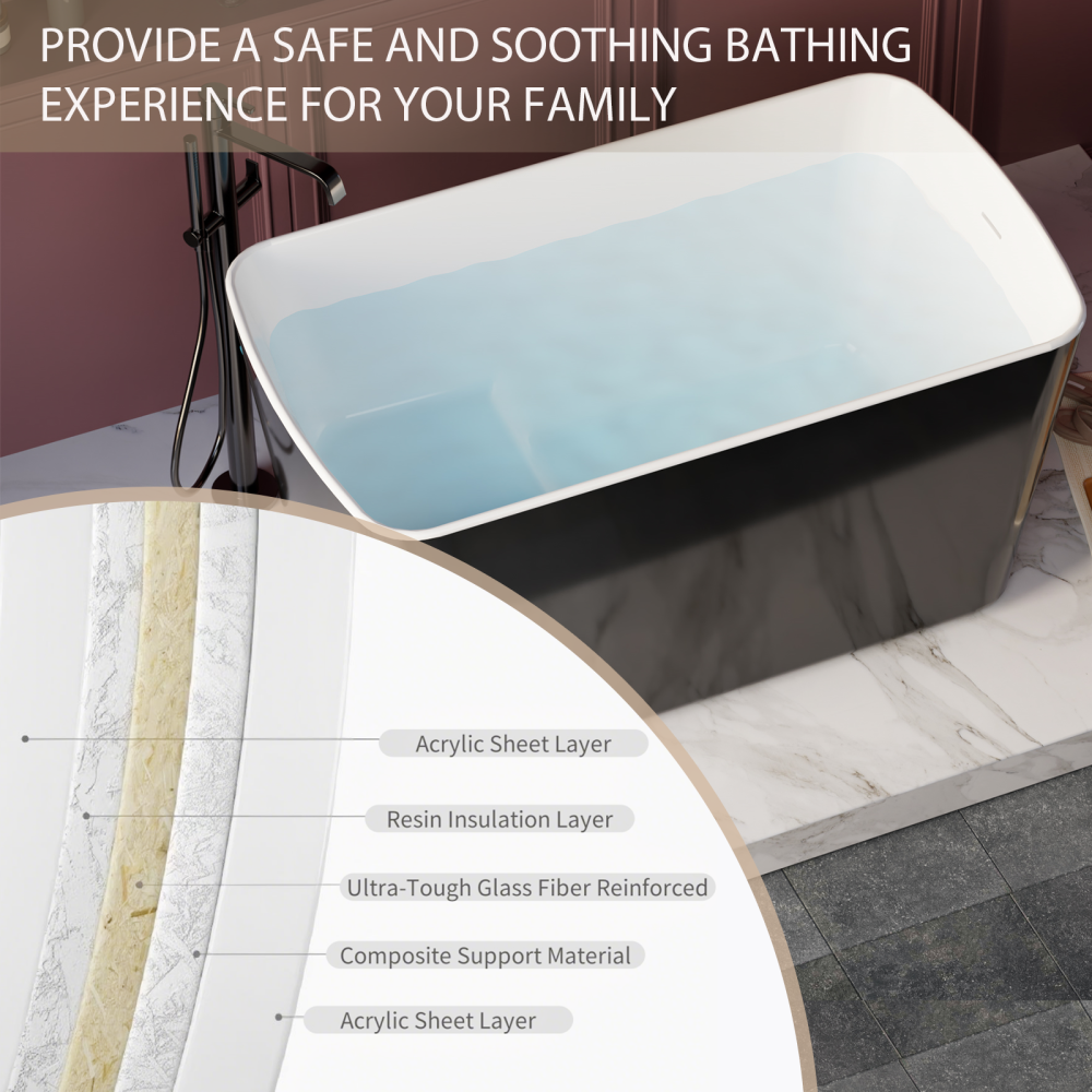 49'' x 28'' Acrylic Freestanding Soaking Bathtub, Square-shape Japanese Soaking Hot Tub, Sit-In Design with Chrome Overflow and Drain, Available for Express Delivery, Glossy Black 23AMA-49B
