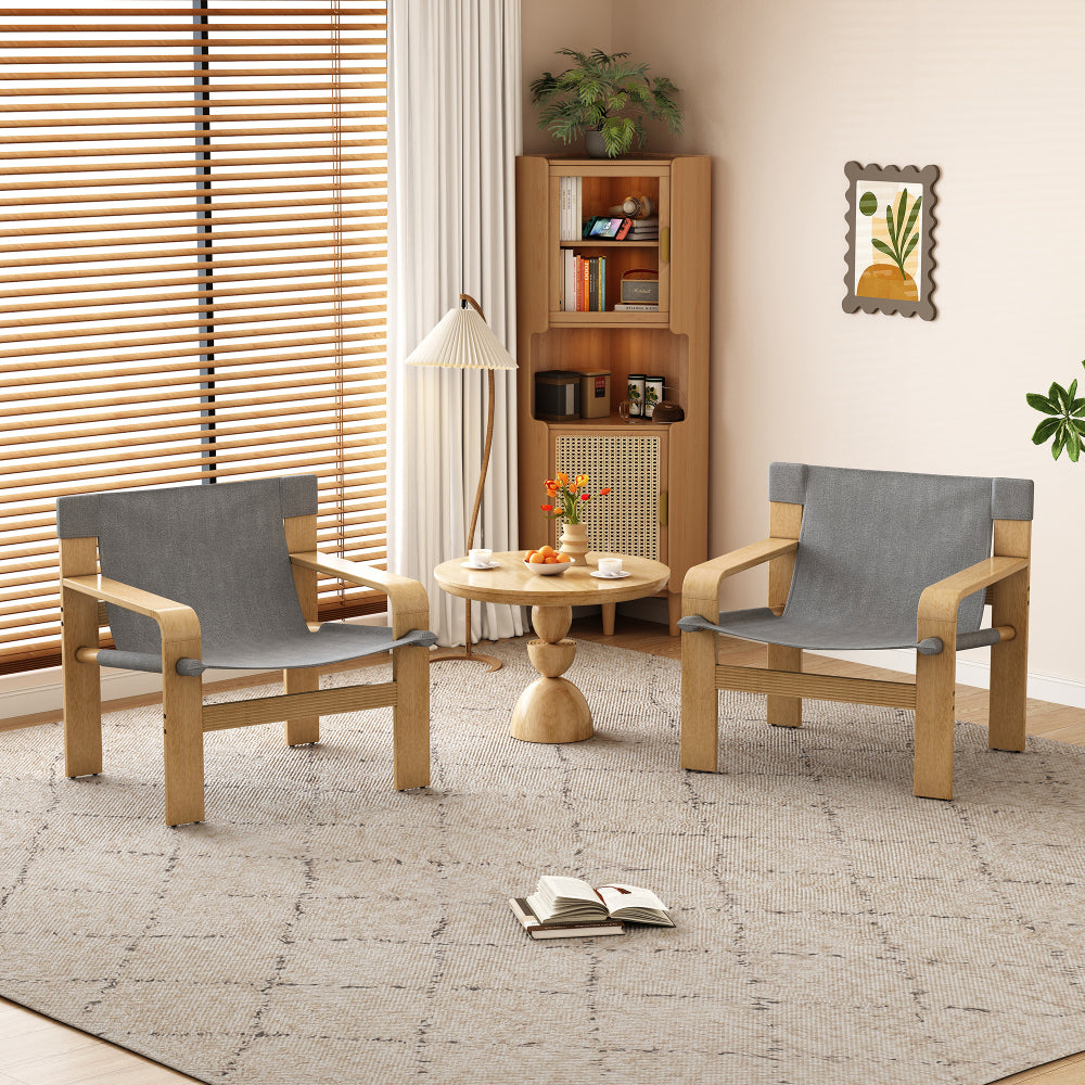 Detachable and washable Oak Accent Chair Wide Armrest Mid-Century Lounge Chair Linen Fabric Armchair & Solid Wood Frame for Living Room, Bedroom, Balcony, (White)