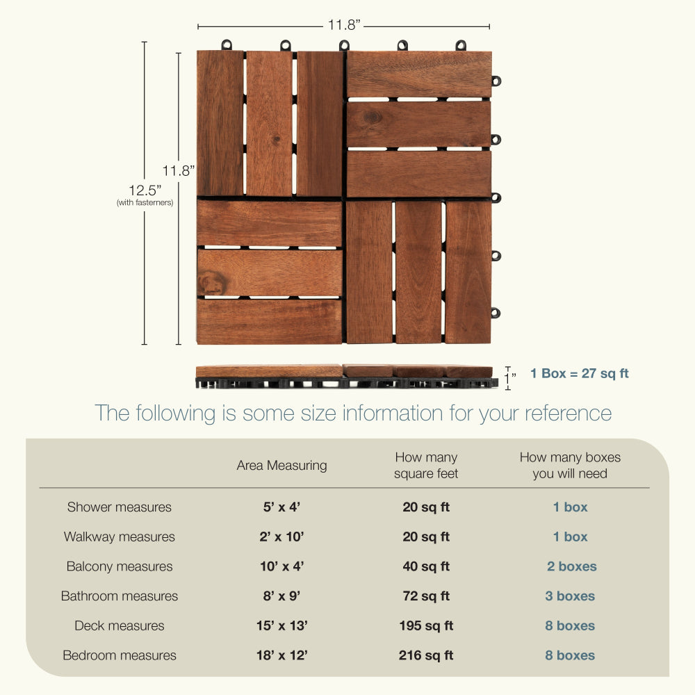 27pcs Interlocking Deck Tiles 11.8" x 11.8", Patio Flooring Outdoor Waterproof, Acacia Wood Tiles All Weather, Floor Tiles for Balcony, Backyard, Indoor and Outdoor use (Square Joint, Dark Brown)