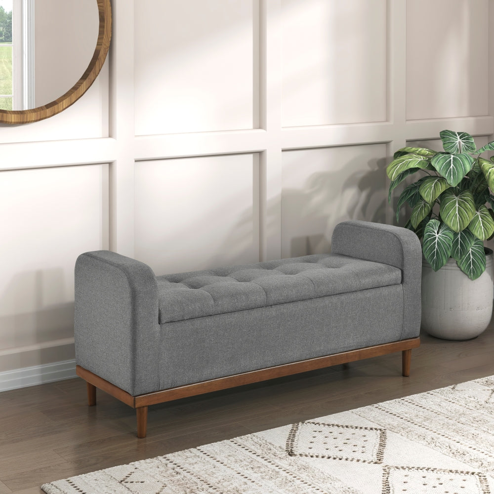 Mid-Century Modern Lift Top Storage Bench 1pc Tufted Blue Upholstered Solid Wood Walnut Finish Wooden Furniture