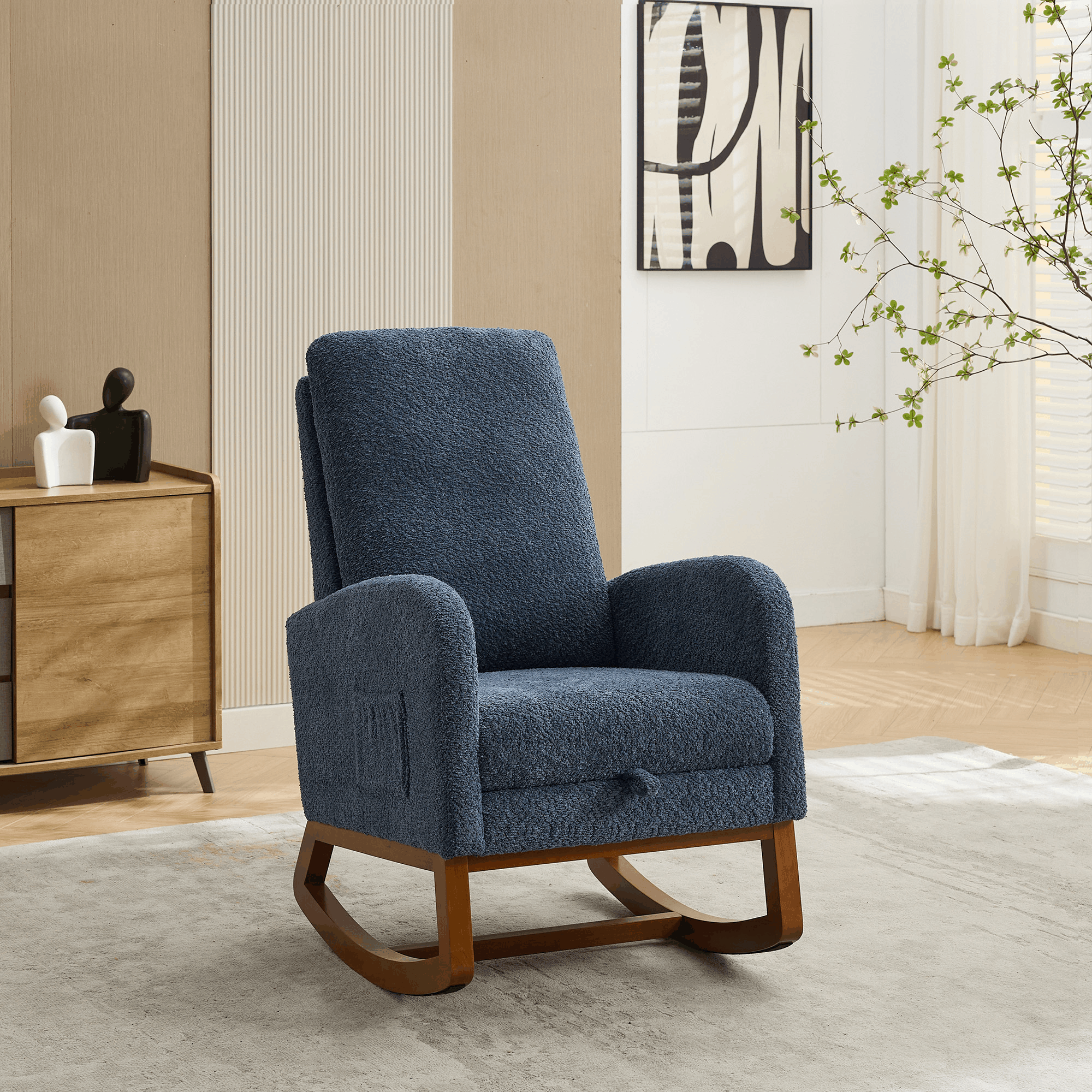 25.4"W Rocking Chair for Nursery, High Back Glider Chair with Retractable Footrest, Side Pocket, Rocking Accent Armchair with Rubber Wood Legs for Living Room/Bedroom.Charcoal
