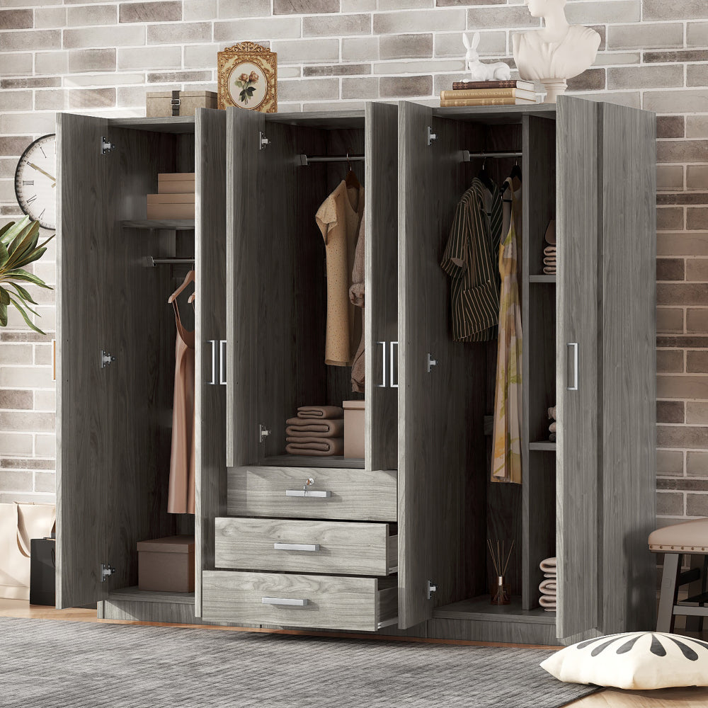 6-Doors Wooden Wardrobe Storage for Bedroom, with Big Drawers, Brown
