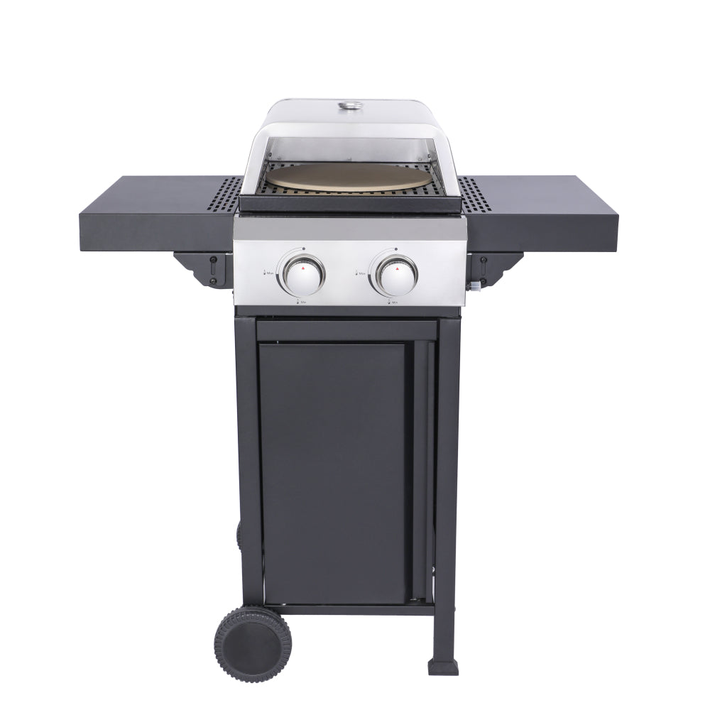 2-Burner Propane Gas BBQ Grill, Pizza Box, 24600BTU Output With Wire Enamel Cooking Grids For Outdoor Barbecue, Foldable Side Table, Hanging Basket, Stainless Steel