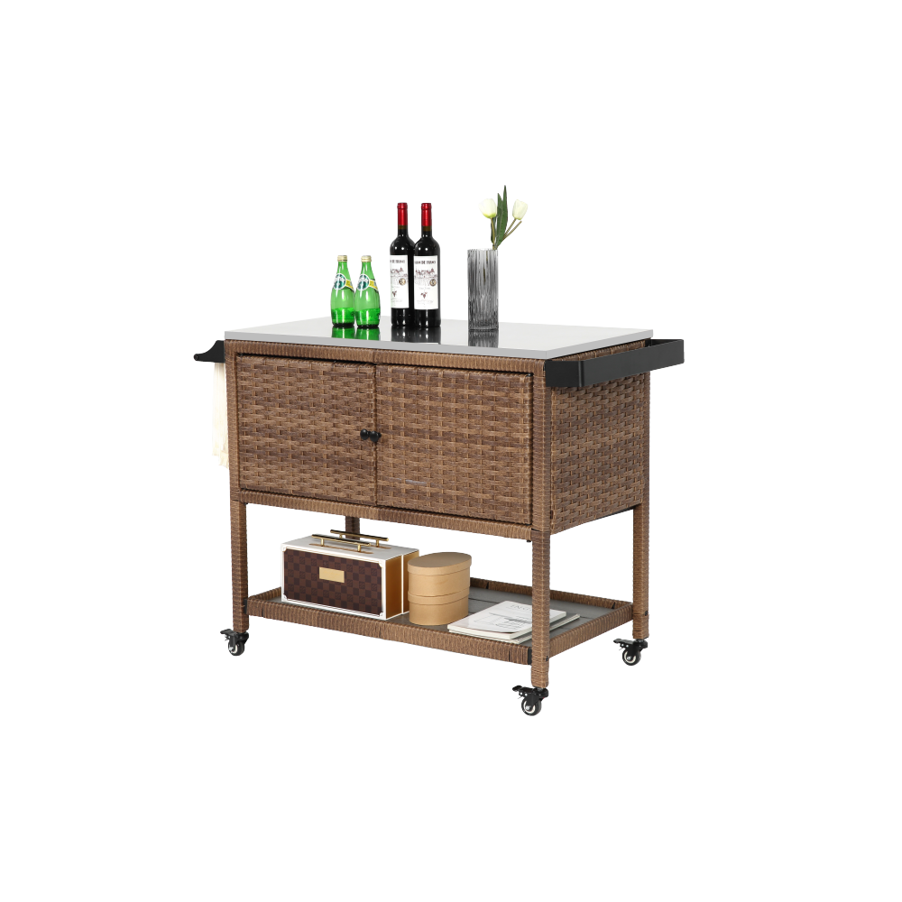 Outdoor Wicker Bar Cart, Patio Wine Serving Cart w/Wheels, Rolling Rattan Beverage Bar Counter Table w/Glass Top for Porch Backyard Garden Poolside Party, Brown