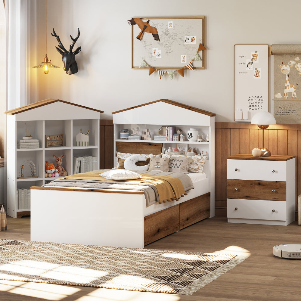 3-Pieces Bedroom Sets, Twin Size House-Shaped Wooden Bed with Storage Drawers, Nightstand with Colorblock Design and House-shaped Stroage Rack, Brown+White