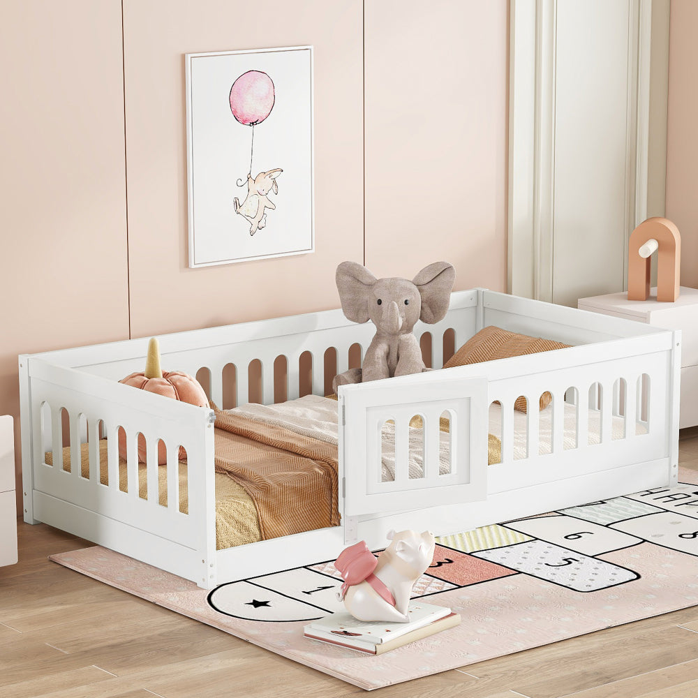 Twin Size Floor Bed with Heightened Safety Guardrails and Door, Solid Wood Bedframe with Rails for Girls, Boys, Teens, Child Bedroom, Kids Playroom, No Slats Included, White