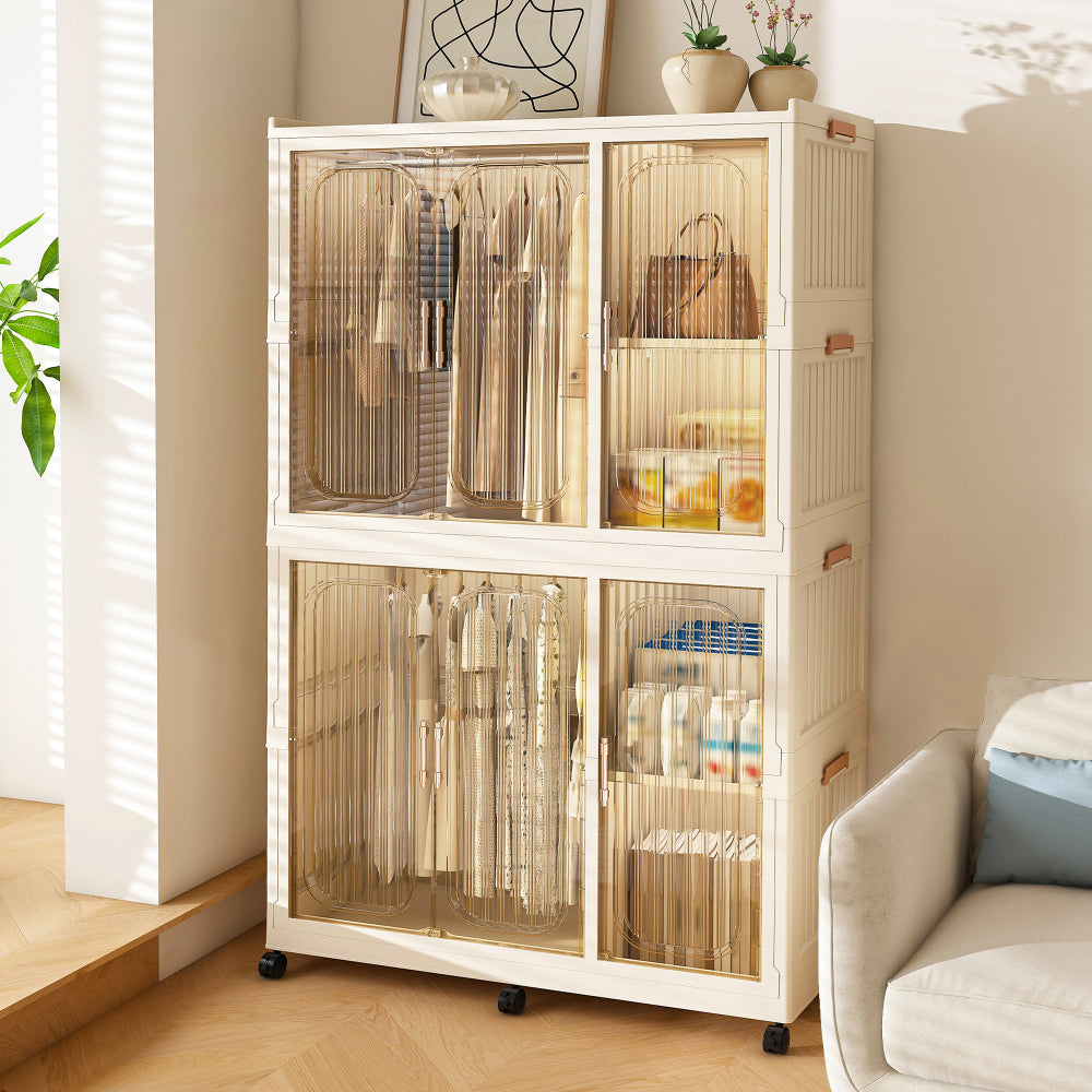 Portable Wardrobe Closet Storage Organizer for Clothes,Clothes Dresser,6 Magnetic Doors-6 Cubes & 2 Hanging Rod,6 pcs hangers , Baby Wardrobe Storage Cabinet,White