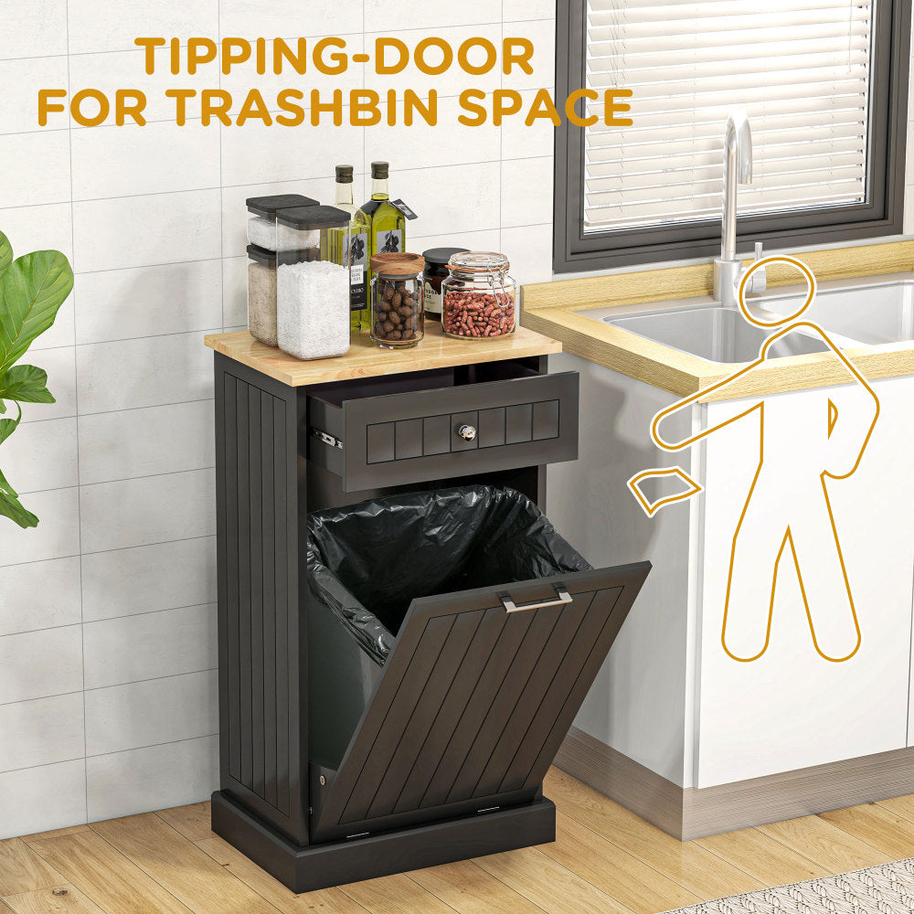 HOMCOM Kitchen Tilt Out Trash Bin Cabinet Free Standing Recycling Cabinet Trash Can Holder With Drawer, Black