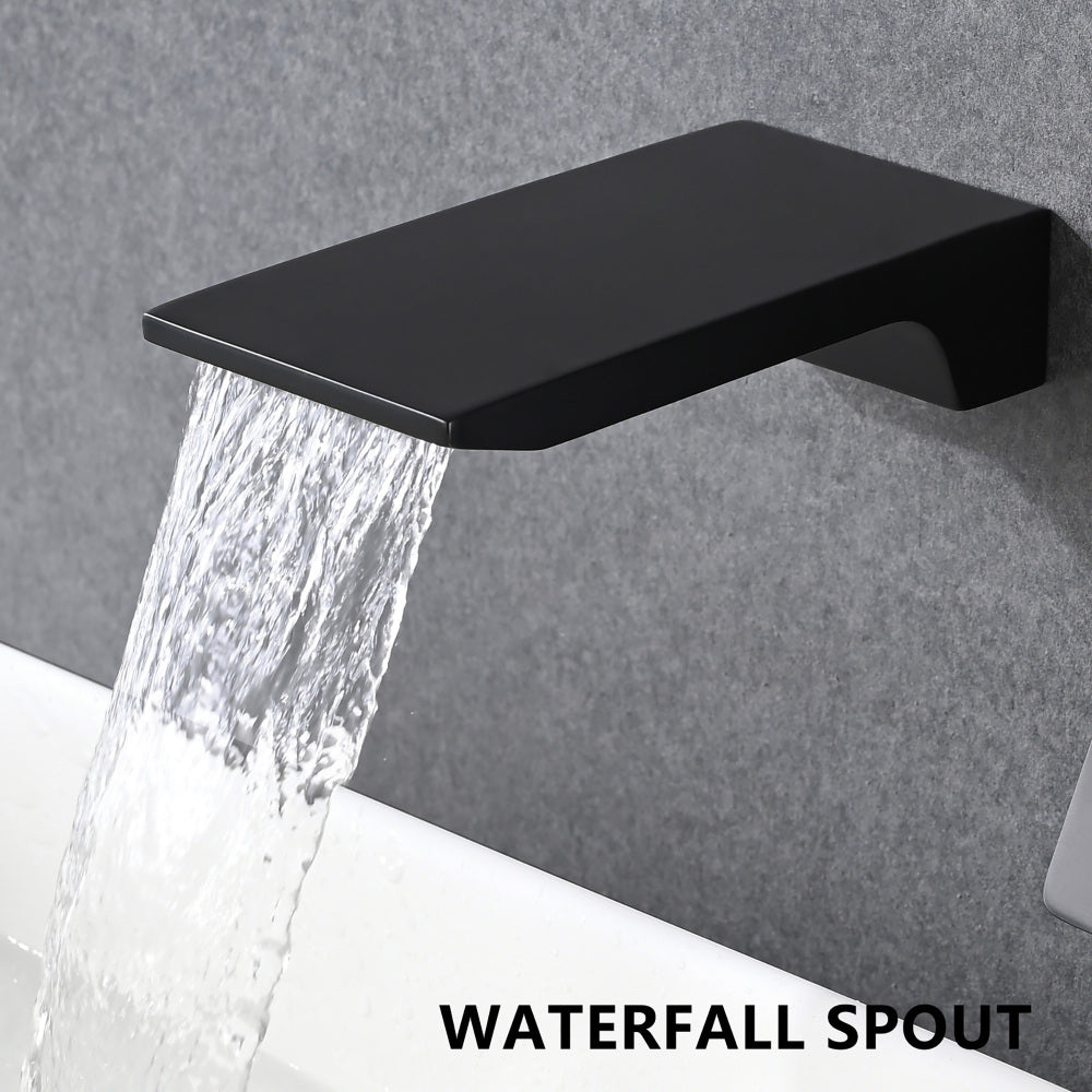 Matte Balck Wall Mount Bathroom Sink Faucet, Single Handle Bathtub Faucet with Waterfall Spout Brass Rough-in Valve Included