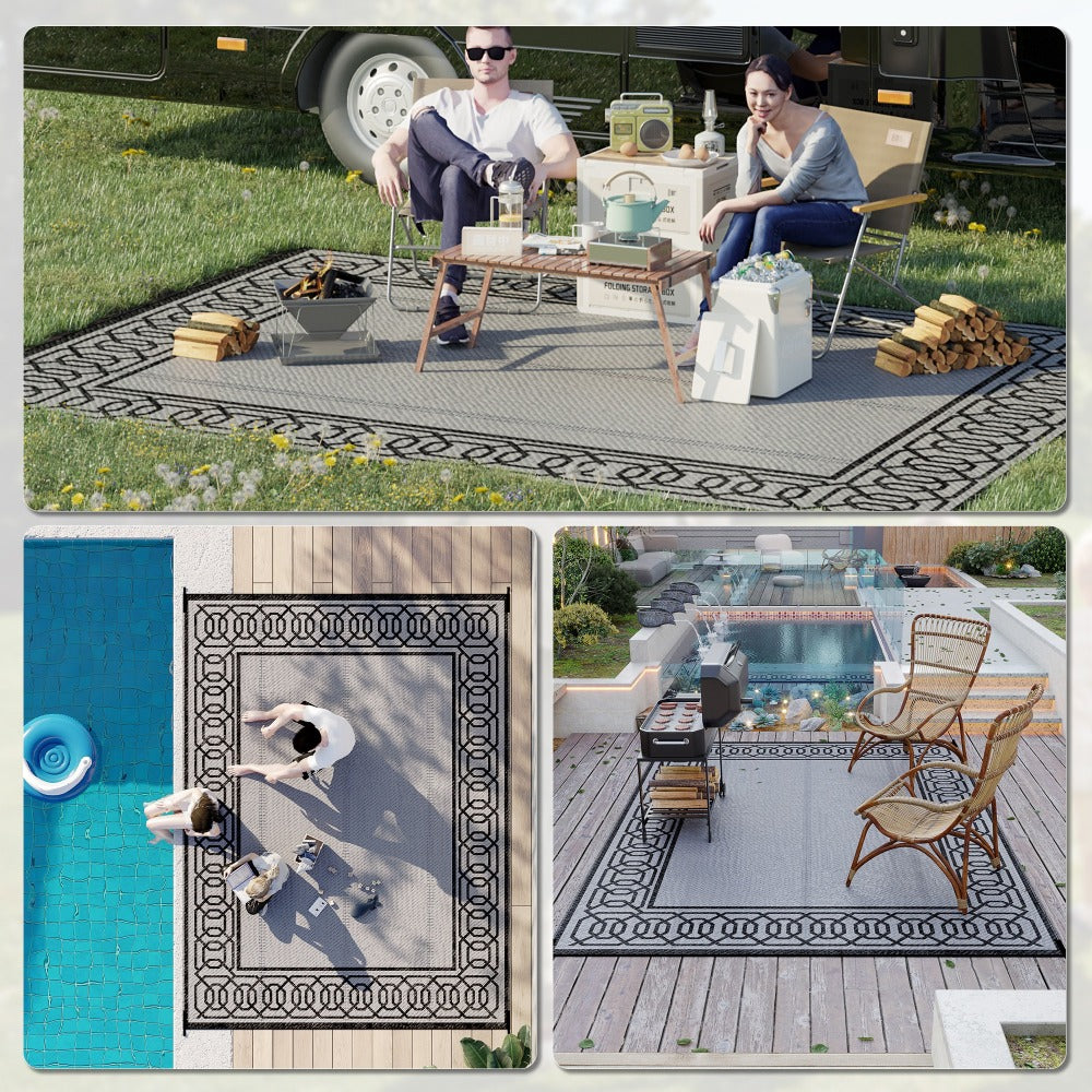 Outsunny Reversible Outdoor Rug, 9' x 12' Waterproof Plastic Straw Floor Mat, Portable RV Camping Carpet, Large Floor Mat for Backyard, Deck, Picnic, Beach, Black & Gray Border