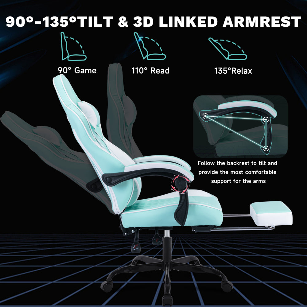 Ergonomic Video Gamer Chairs,Computer Gaming Chairs with Massage Lumbar Support and footrest,Racing Style Computer Chair Adjustable Headrest for Adults,GREEN