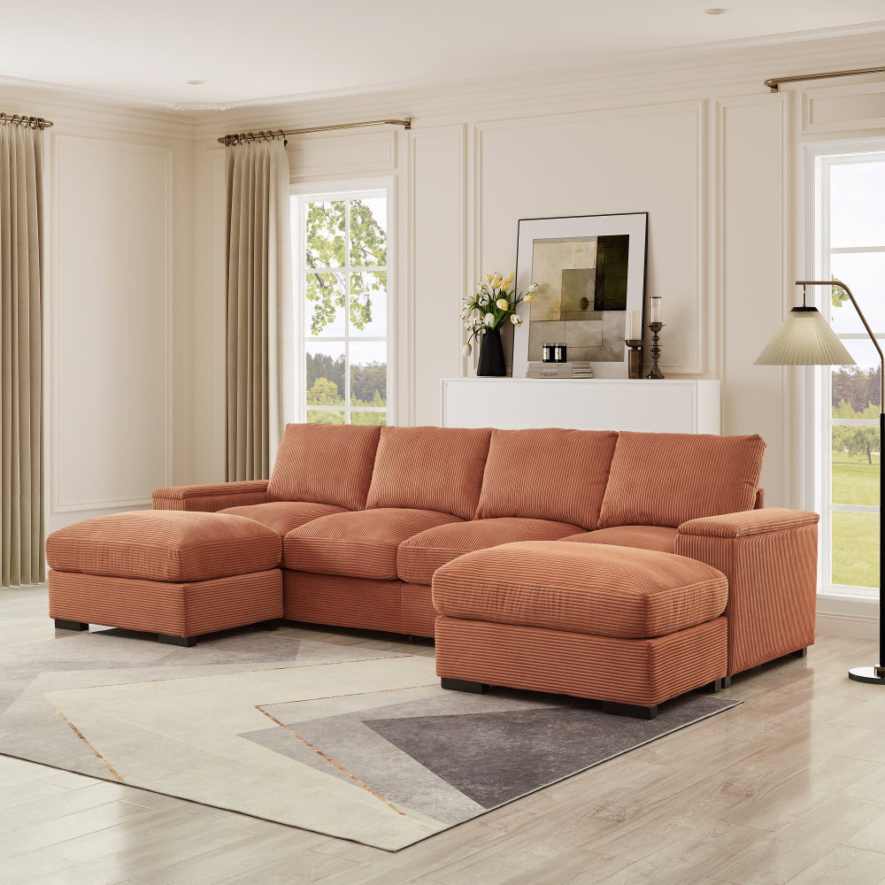 Sectional Sofa Deep Seat Sofa Couch with Ottomans, Corduroy Sofa Sleeper Comfy Upholstered Furniture for Living Room, Apartment, Office, (4-Seat & 2-Ottoman, Dark Green)