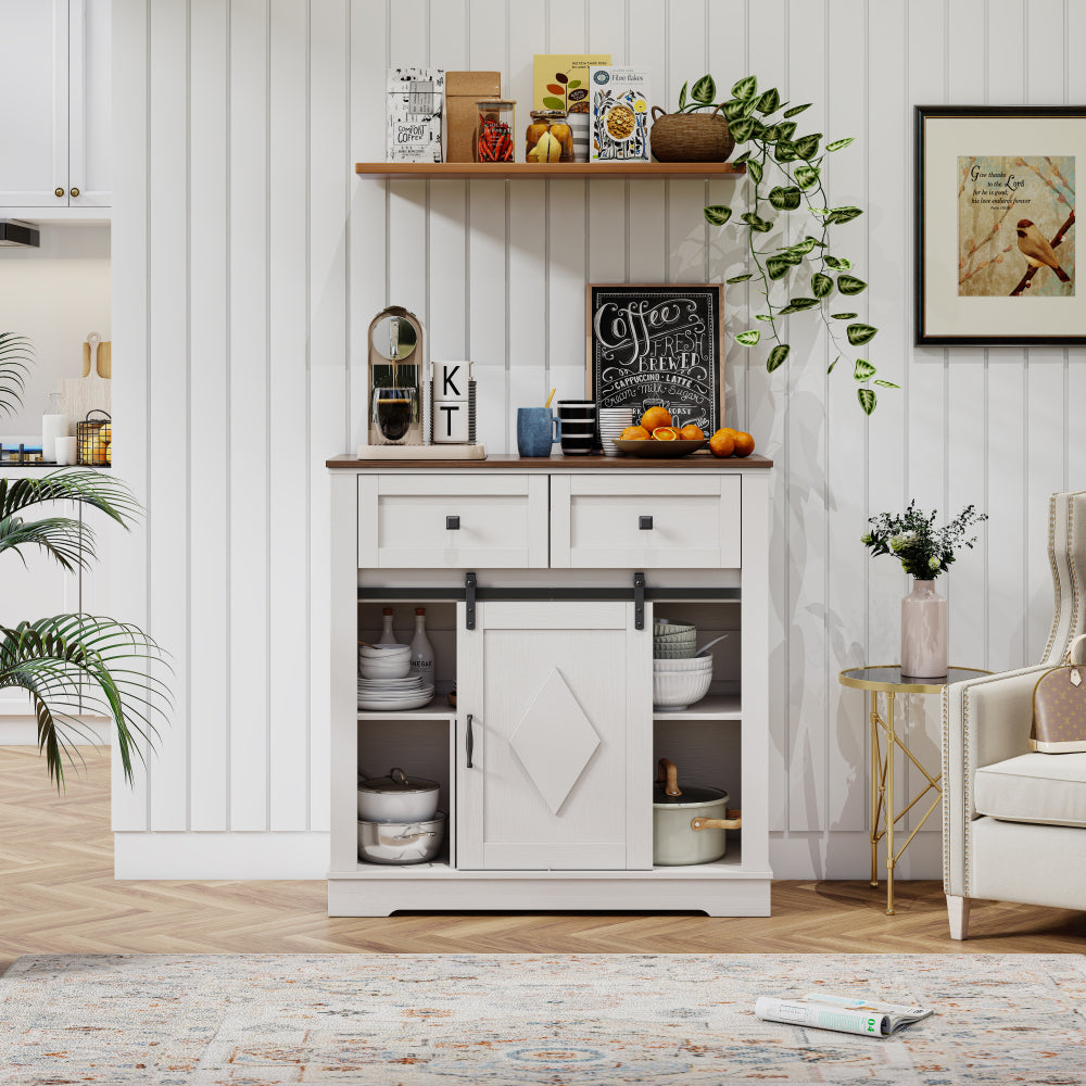 Farmhouse Buffet Cabinet with Storage, Sideboard Cabinet with 2 Doors and 3 Drawers, Rustic Storage Cabinet with Sliding Barn Door, Coffee Storage Cabinet for Dining Room, Living Room