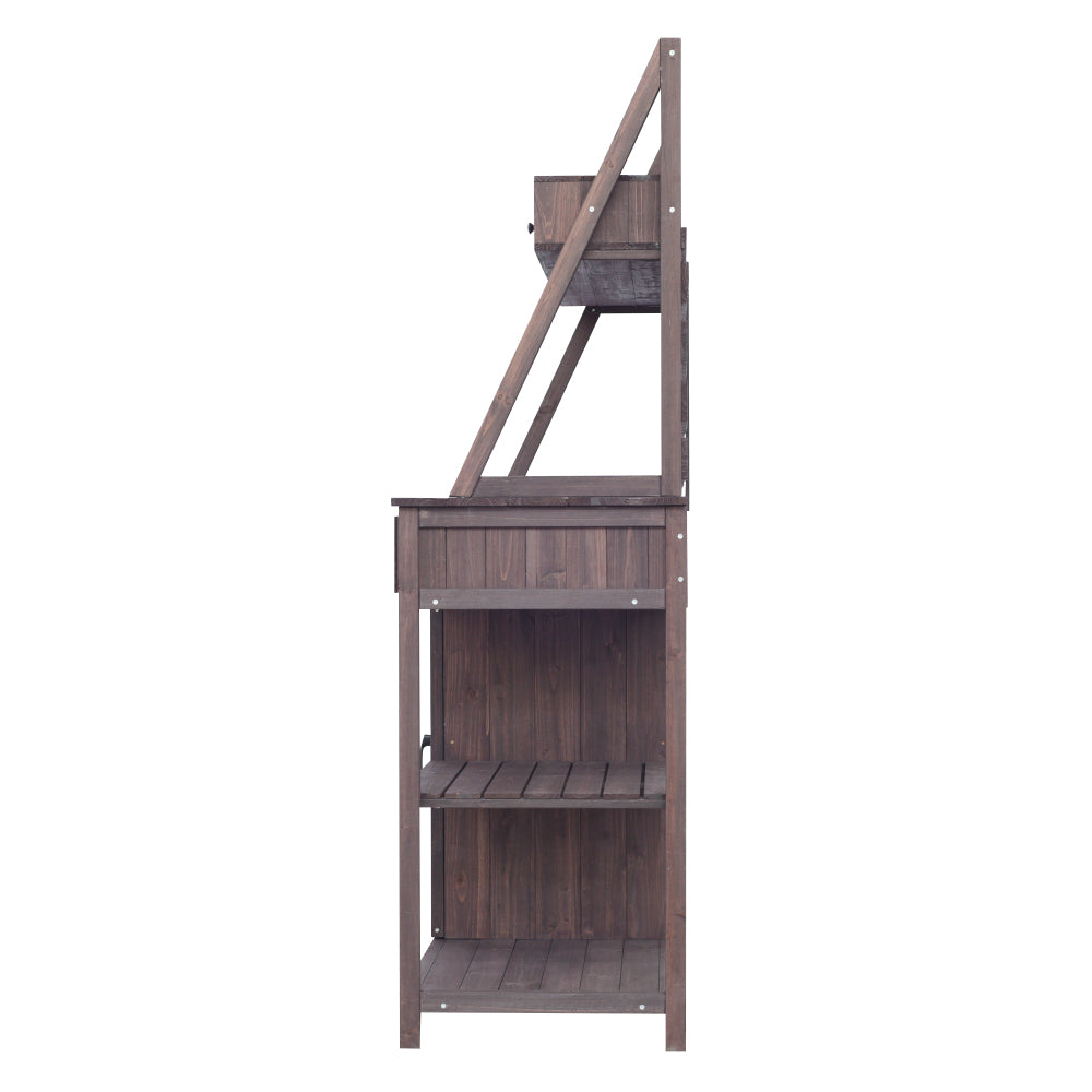 Brown Fir Wood Potting Bench - 5-Drawer Garden Workstation with Slatted Back Panel & Storage Cabinet