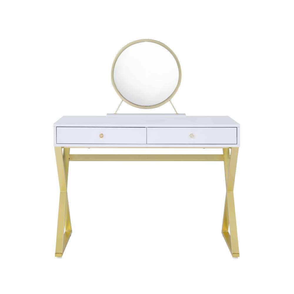 Coleen White & Gold Finish Vanity Desk W/Mirror & Jewelry Tray