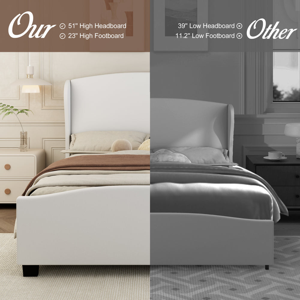 Queen Size 51" High Headboard Wingback Linen Upholstered Bed No Box Spring Needed, Beige