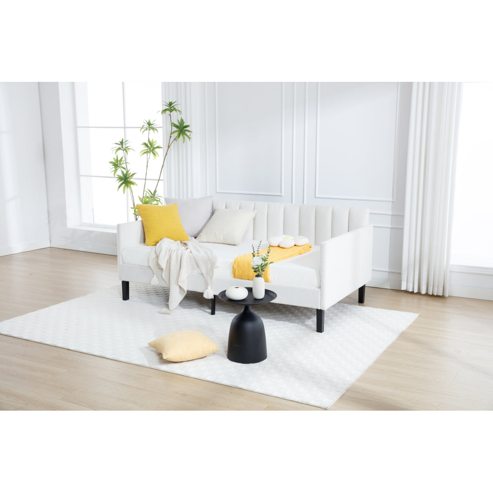 Elena Twin Size Ivory Boucle Upholstered Daybed, Ribbed Tufted Backrest, Daybed in Lavish Modern Design, Richly Hued Foam Comfort