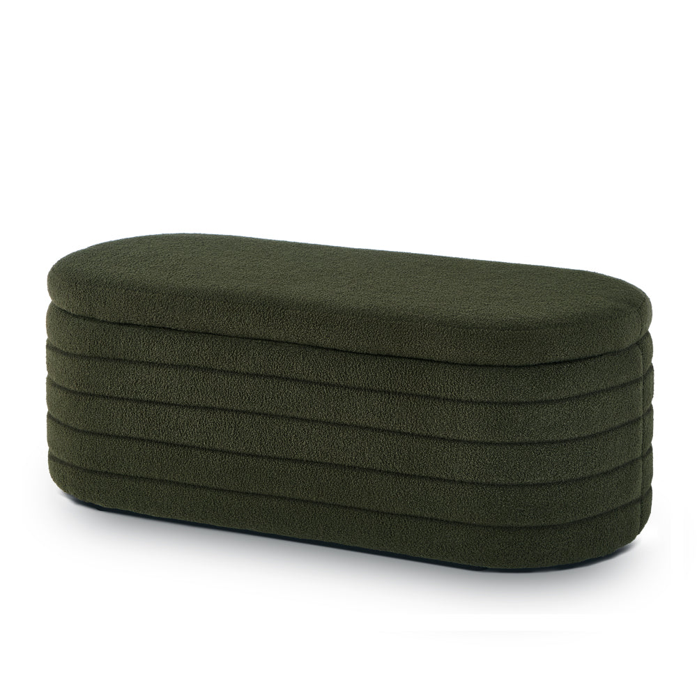 Modern Oval Storage Ottoman Bench, Upholstered Boucle Teddy Fabric End of Bed Bench with Storage, End of Bed Stool with Safety Hinge for Bedroom, Living Room, Entryway, Dark Green