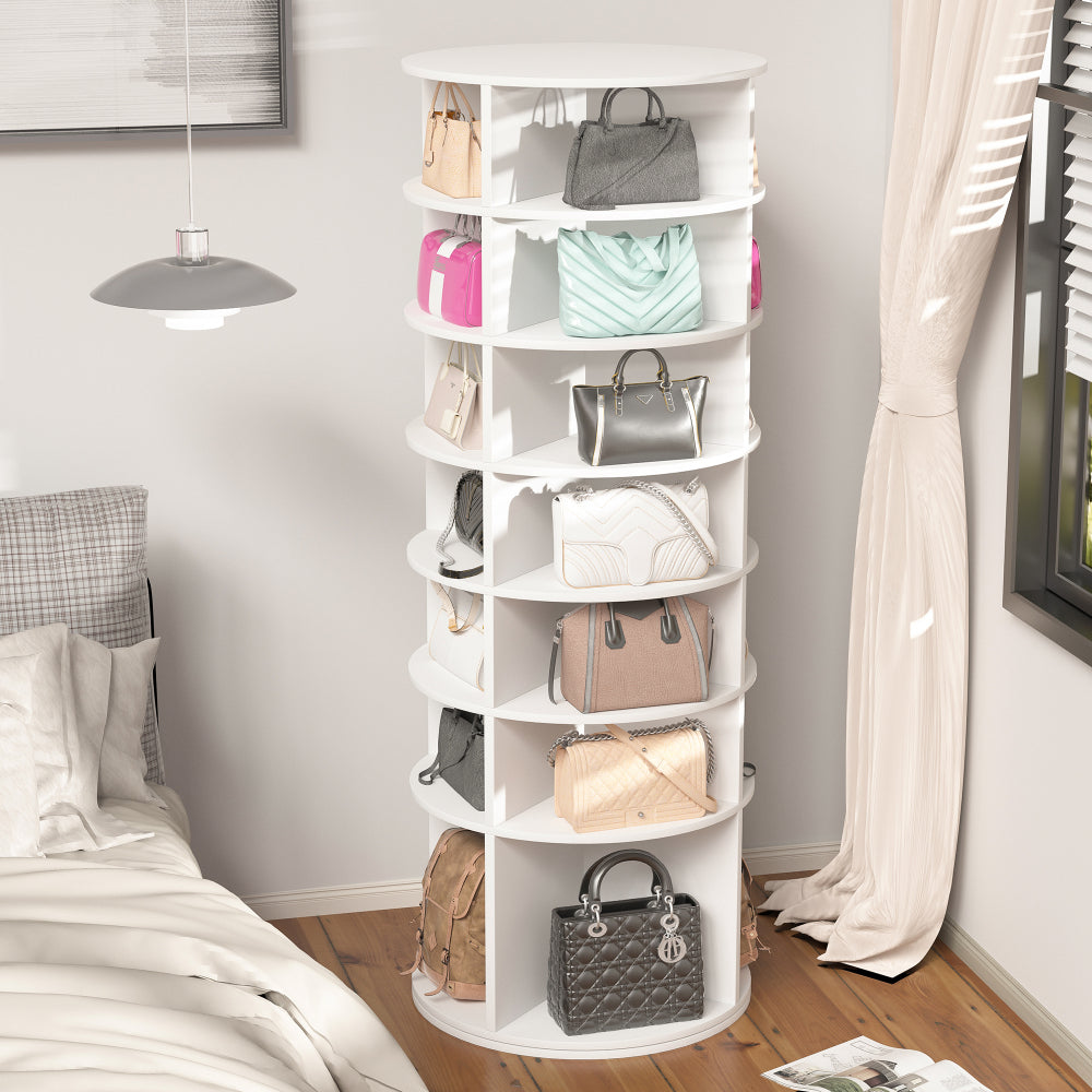 Rotating Shoe Rack Tower, 7-Tier Spinning Shoe Rack, Free Standing 360° Revolving Shoe Organizer, High Bottom Design Shoe Tower Spinning Storage Lazy Susany, Fits 28 Pairs of Shoes (7-Tier White)