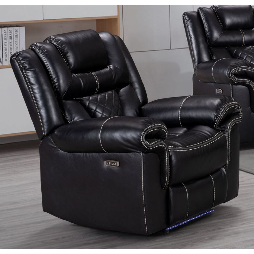 ENCORE 2pc BLACK POWER SOFA, LOVESEAT SET DUAL POWER WITH DROP DOWN TRAY& SPEAKERS, WIRELESS CHARGER, LIGHT TAPE LEATHER GEL USB ON SWITCH