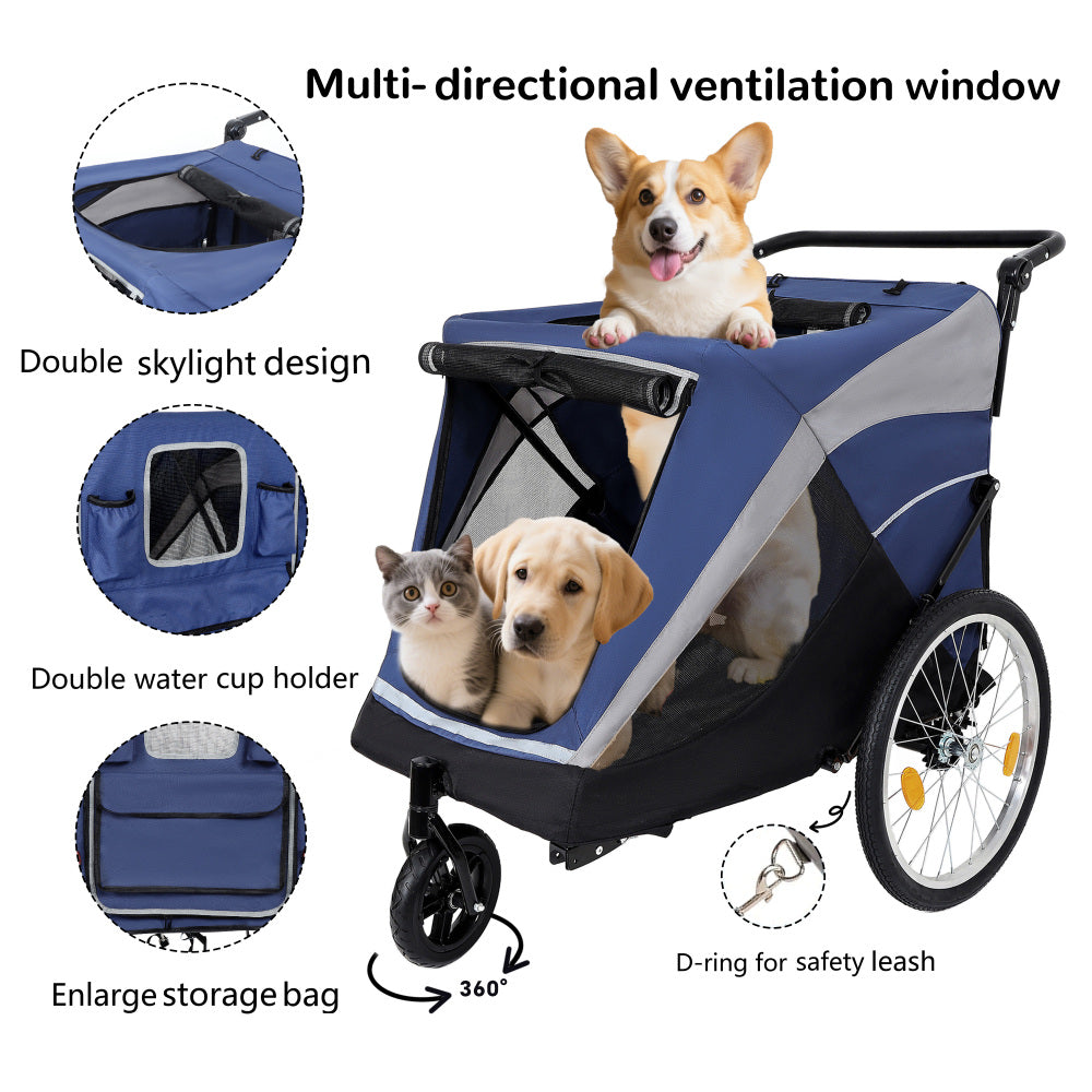 2-in-1 Bike Trailer & Push Cart for Pets - Detachable Bike Hitch & Push Handle Included - Quick Release Wheel, Internal Leash, Dual Cup Pockets and Underneath Storage Bag, Holds Pets Up to 88 lbs