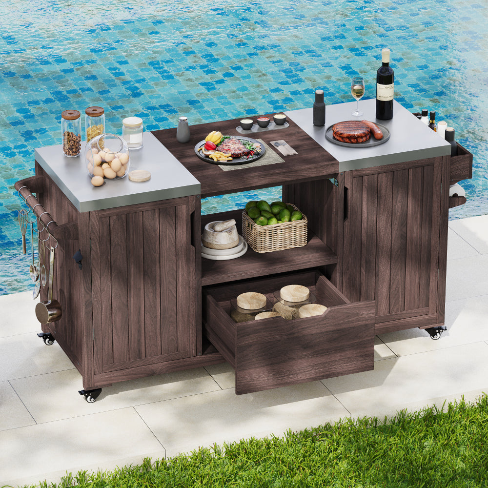 K&K 66.5" Outdoor Kitchen Island for Big Green Egg Grills, Solid Wood Outdoor Grill Cart for Tabletop Grill with Stainless Steel Top, Drawer, Compatible with Large Big Green Egg, Kamado Joe-Dark Brown