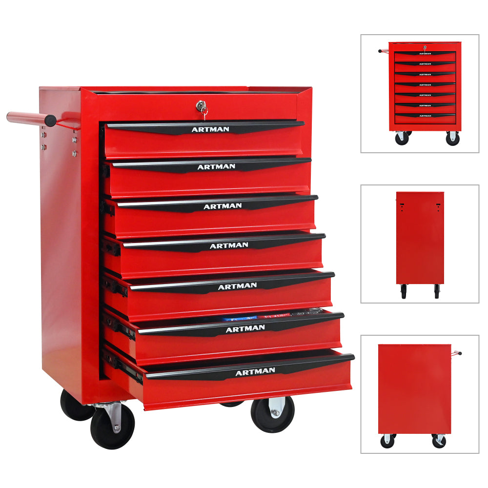 Rolling Metal Tool Chest with 7 Drawers, 20" 7-Drawer Tool Chest Cabinet with Ball Bearing Drawer Slides, Steel Tool Storage Box Organizer -Red&Black