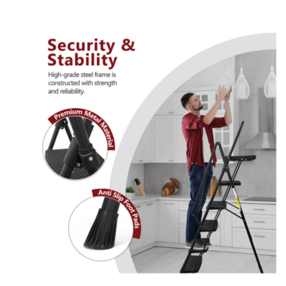 4 Step Ladder, Folding Step Stool with Non-Slip Wide Pedals, Soft Handle, Non-Slip Feet, Sturdy Steel Construction, 440 lb Capacity Steel Ladder, Suitable for Home & Office