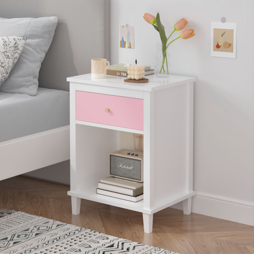 26.77''H Wooden Nightstand with One Drawer One Shelf for Kids, Adults, Pink+Golden handle