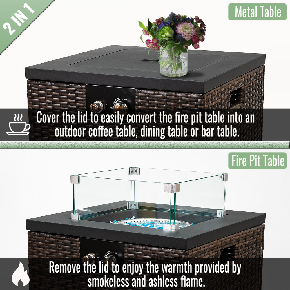 22" Propane Gas Fire Pit Table, 40000 BTU Square Steel Fire Pit with Beautiful Wicker Base for Outside Patio Deck Garden Backyard-Black