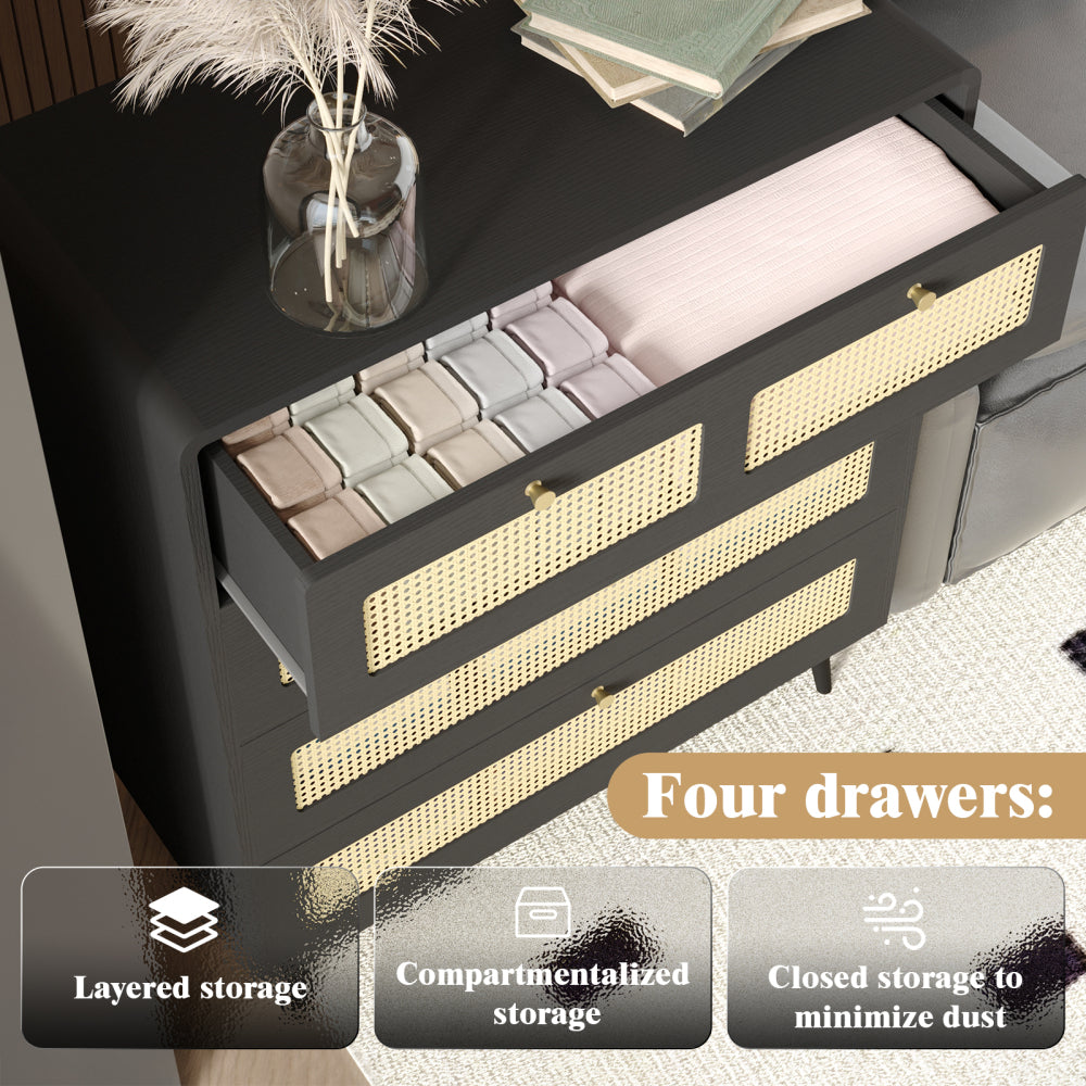 4 Drawer Dresser, Modern Rattan Dresser Chest with Wide Drawers and Metal Handles, Farmhouse Wood Storage Chest of Drawers for Bedroom, Living Room, Hallway, Entryway