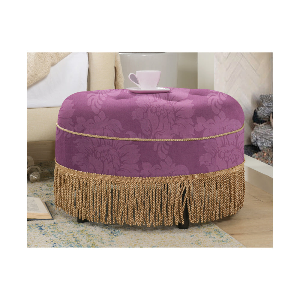 Yolanda 24" Round Upholstered Accent Ottoman, Peach Orange Velvet with Gold Trim