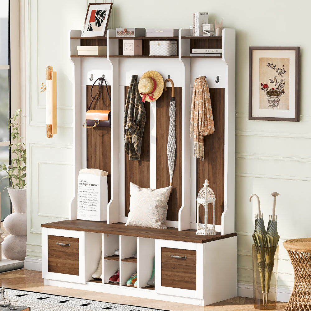 U-Can 5-in-1 Entryway Bench with Coat Rack, 7 Sturdy Hooks, 2 Spacious Drawers and Adjustable Shelves, 58.8'' Wide Hall Tree with Metal Handles for Hallway, Entryway, Living Room