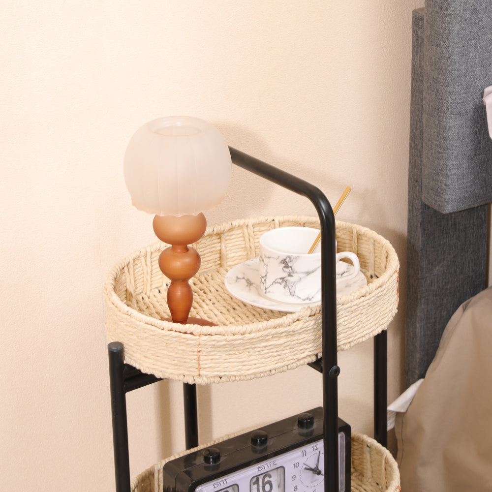 3 Tiers Tray Tables Paper Rope Woven Side Table for Living Room Kitchen Oval Storage Basket Small Shelves (Natural)