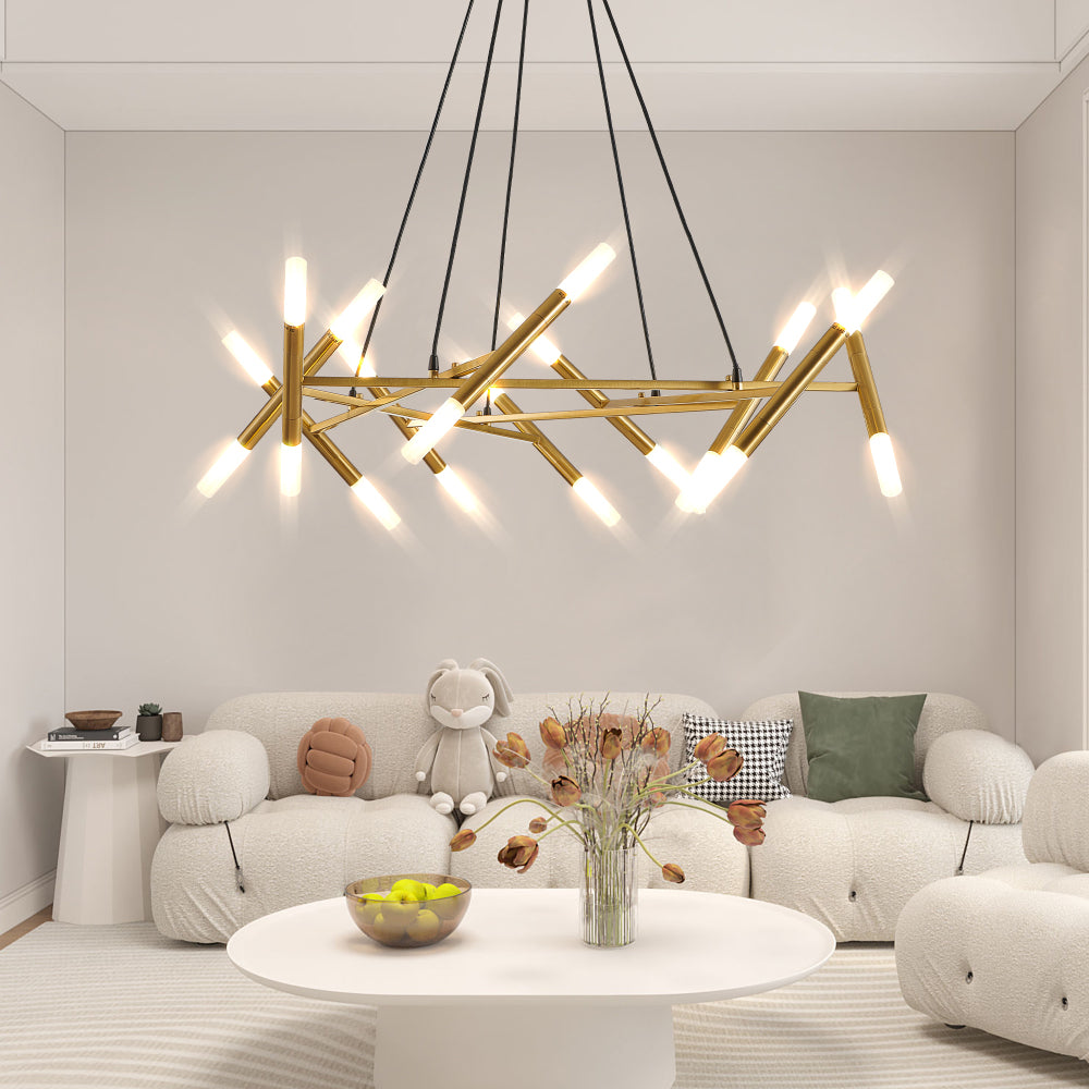 41" White & Golden Modern Chandelier Light Fixture, Branch Design with Frosted Tubes, Black Cords, Adjustable Height Pendant Light for Dining Room, Living Room, or Kitchen Island (Bulb Not Included)
