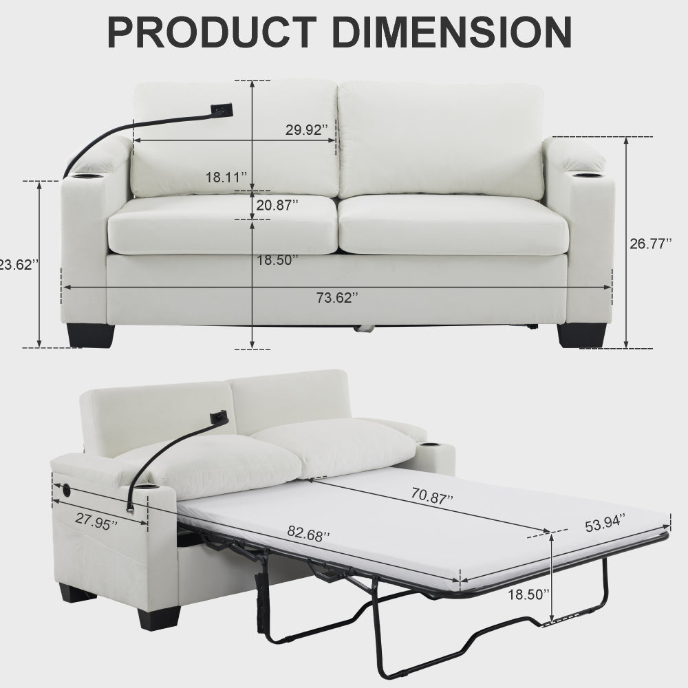Pull-out sofa bed, chenille material, pull-out queen sofa bed, with USB charging, mobile phone holder, memory sofa, removable and washable cushions, suitable for living room, bedroom, apartment, white
