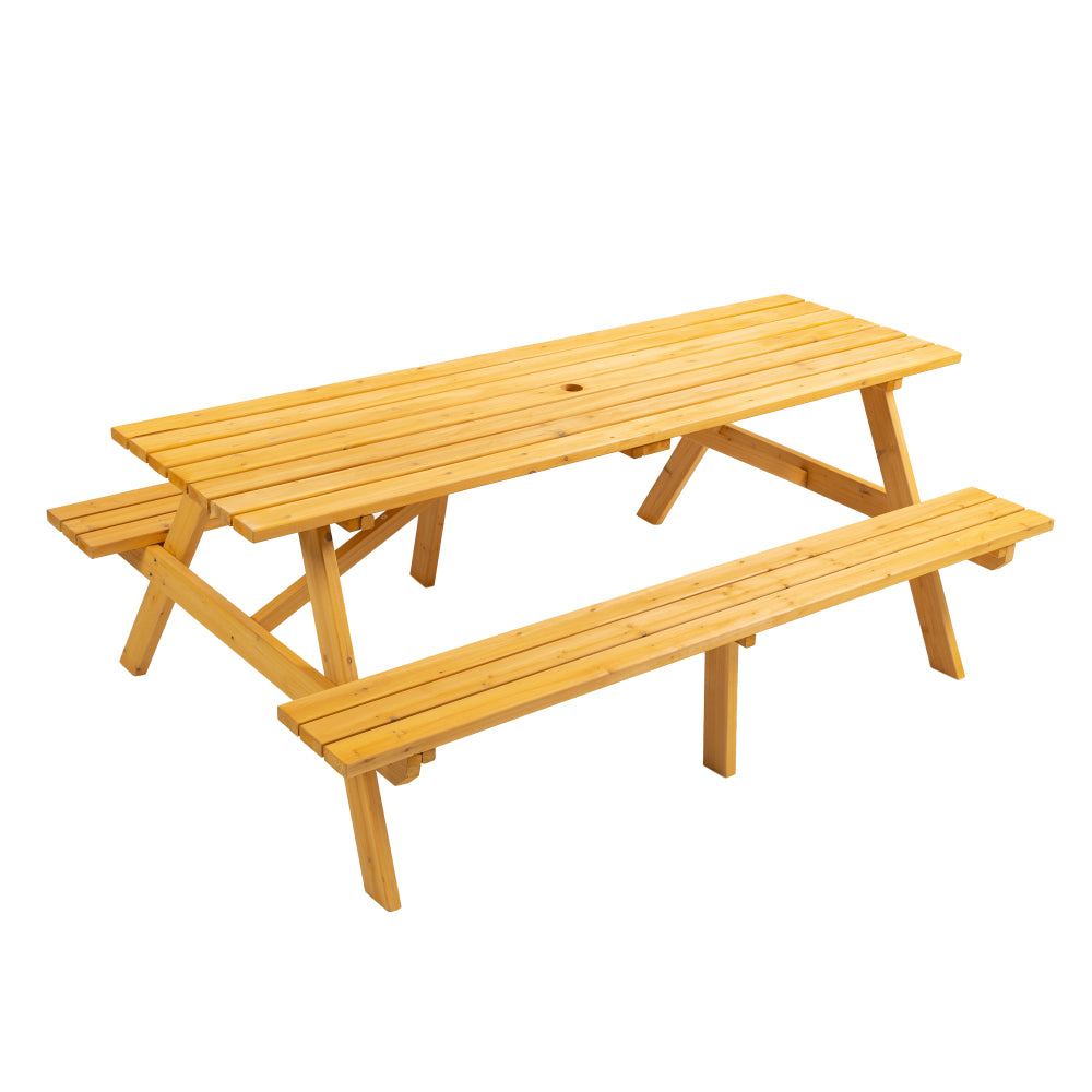 8 Person Wooden Picnic Table, Outdoor Camping Dining Table with Seat, Garden, DIY w/ 4 Built-in Benches, 2220lb Capacity