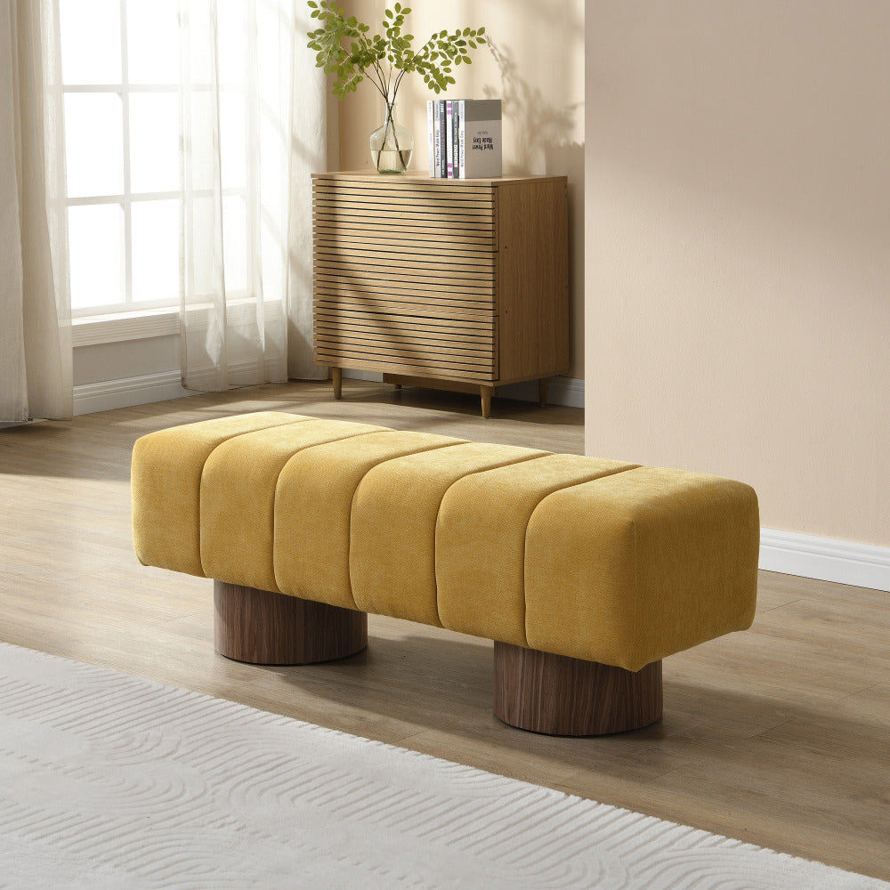 Upholstered Dining Bench for Dining Room, No-Assembly End of Bed Entryway Bench Ottoman for Bedroom Living Room, Beige PU Stool Top Wood Leg 300 LBS Weight Capacity