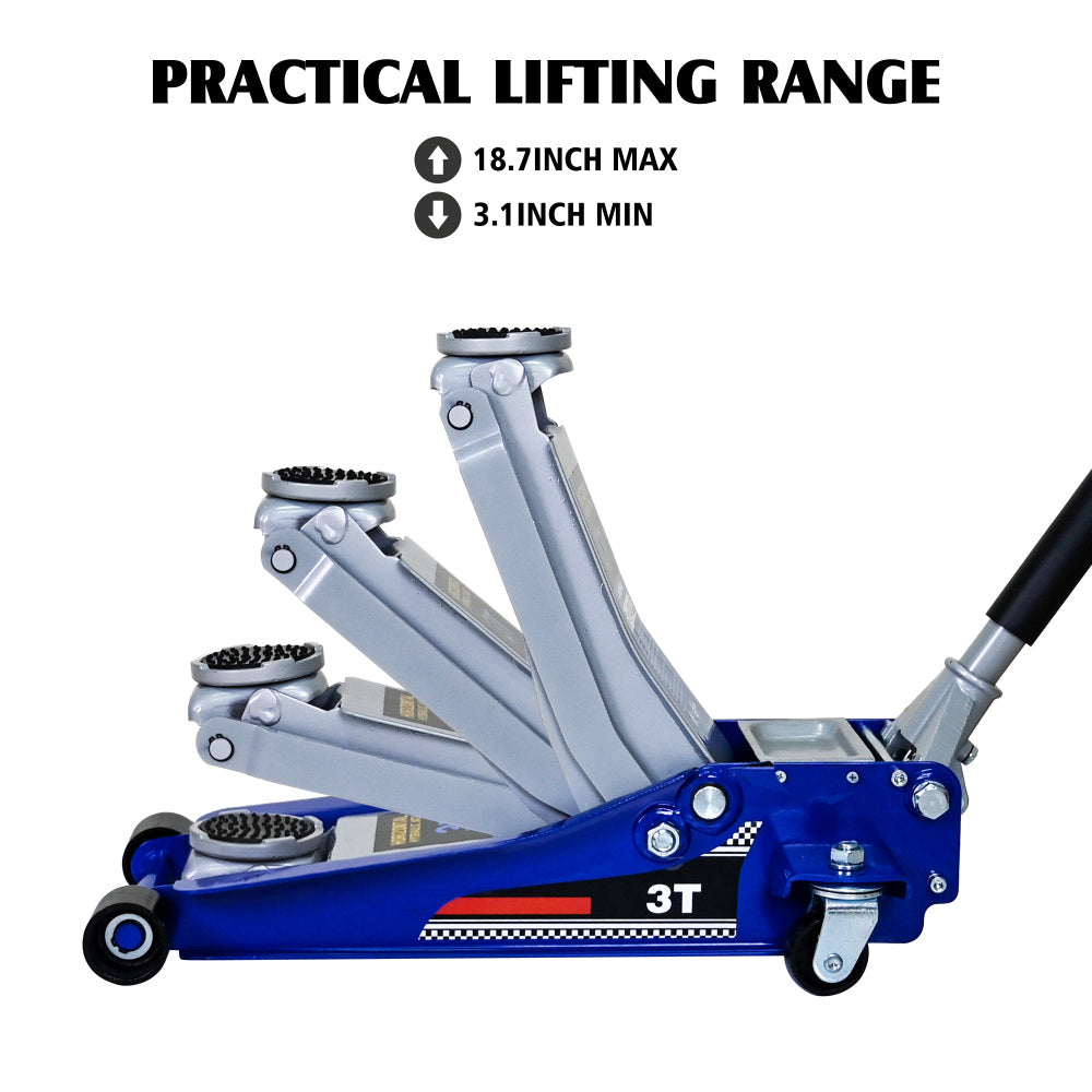 Low-Position Steel Vehicle Floor-mounted Hydraulic Jack with Dual-piston Quick-lift Pump, 3-Ton(6,600 lb.) Capacity.