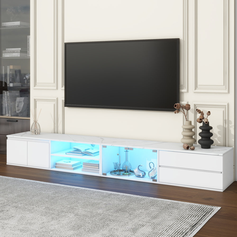 ON-TREND TV Stand with Fluted tempered Glass Doors for TVs Up to 95'', Functional Media Console with Arched Cabinet Doors, Entertainment Center with APP-Controlled LED Light for Living Room, Black