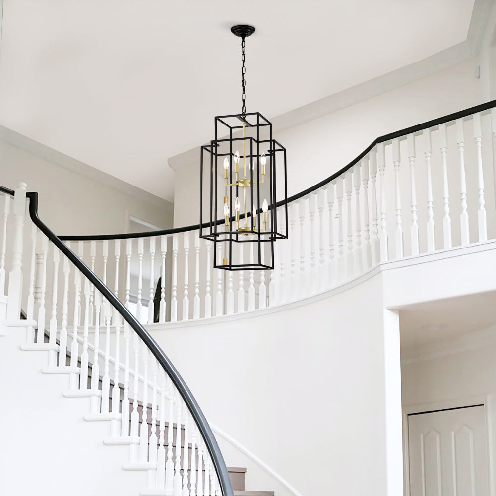 8-Light Metal Lantern Tiered Pendant Hanging Light Fixtures, Industrial Farmhouse Adjustable Height Chandeliers for Dining Room Hallway Foyer Entryway--Matte Black & Gold(E12 Bulbs Not Included)