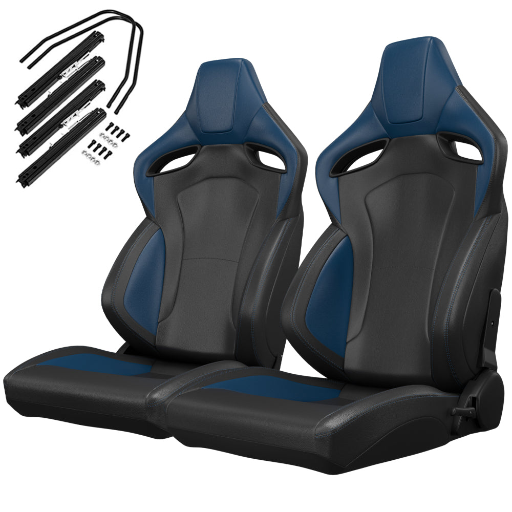 2PC New Universal Bucket Racing Seats Red Stitch Red PVC Leather Reclinable Carbon Look Leather Back With Adjustor Slider(Not Including Seat Bracket ) 1 box of 2 pieces