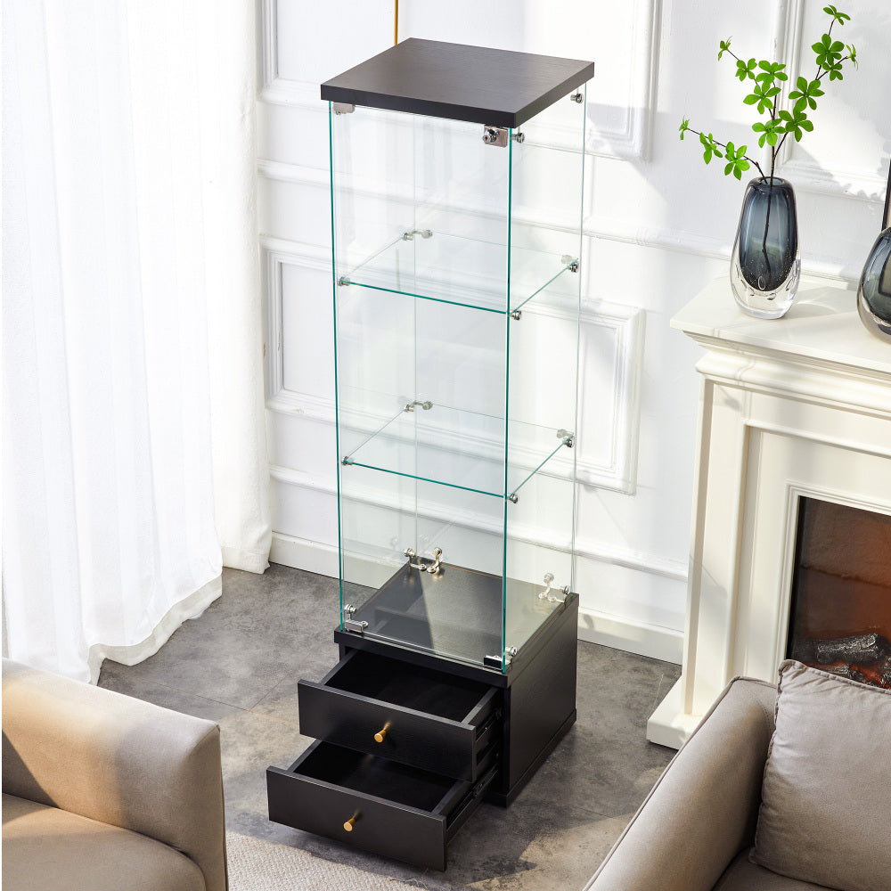 American-Style Non-Lit Glass Display Cabinet (0.2" Tempered Glass) – Soft-Close Drawer Slides 3 Adjustable Shelves, Ideal for Display & Storage