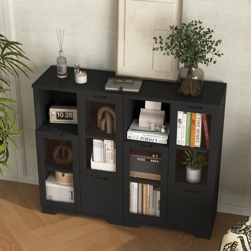 MDF painted Cabinet with Glass Doors and drawer, open storage space, Black ,Bedroom, Living room