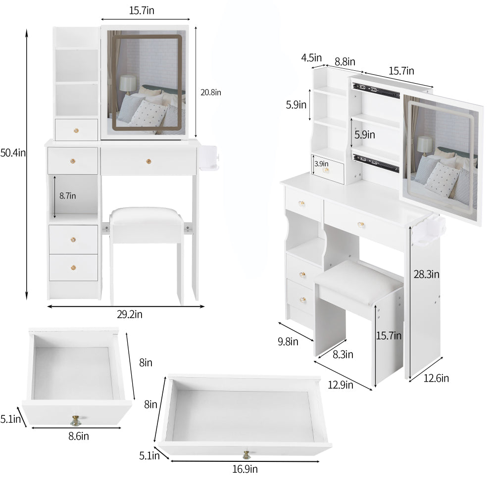 29.2" Small Size Left Drawer Desktop Vanity Table + Cushioned Stool, 2 AC+2 USB Power Station, Hair dryer bracket, Extra Large Touch Control Sliding LED Mirror, Tri-color Switching, Brightness Adjust