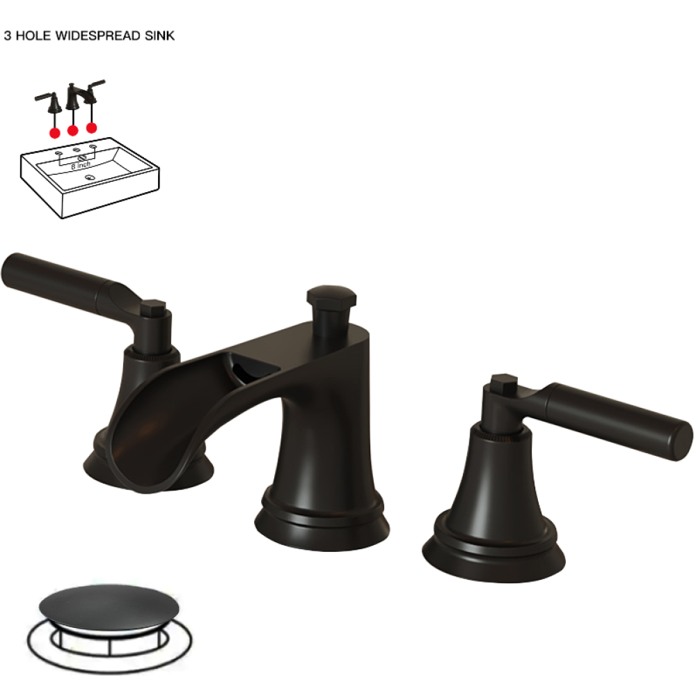 Matte Black Widespread Waterfall Bathroom Faucet with Pop-Up Drain