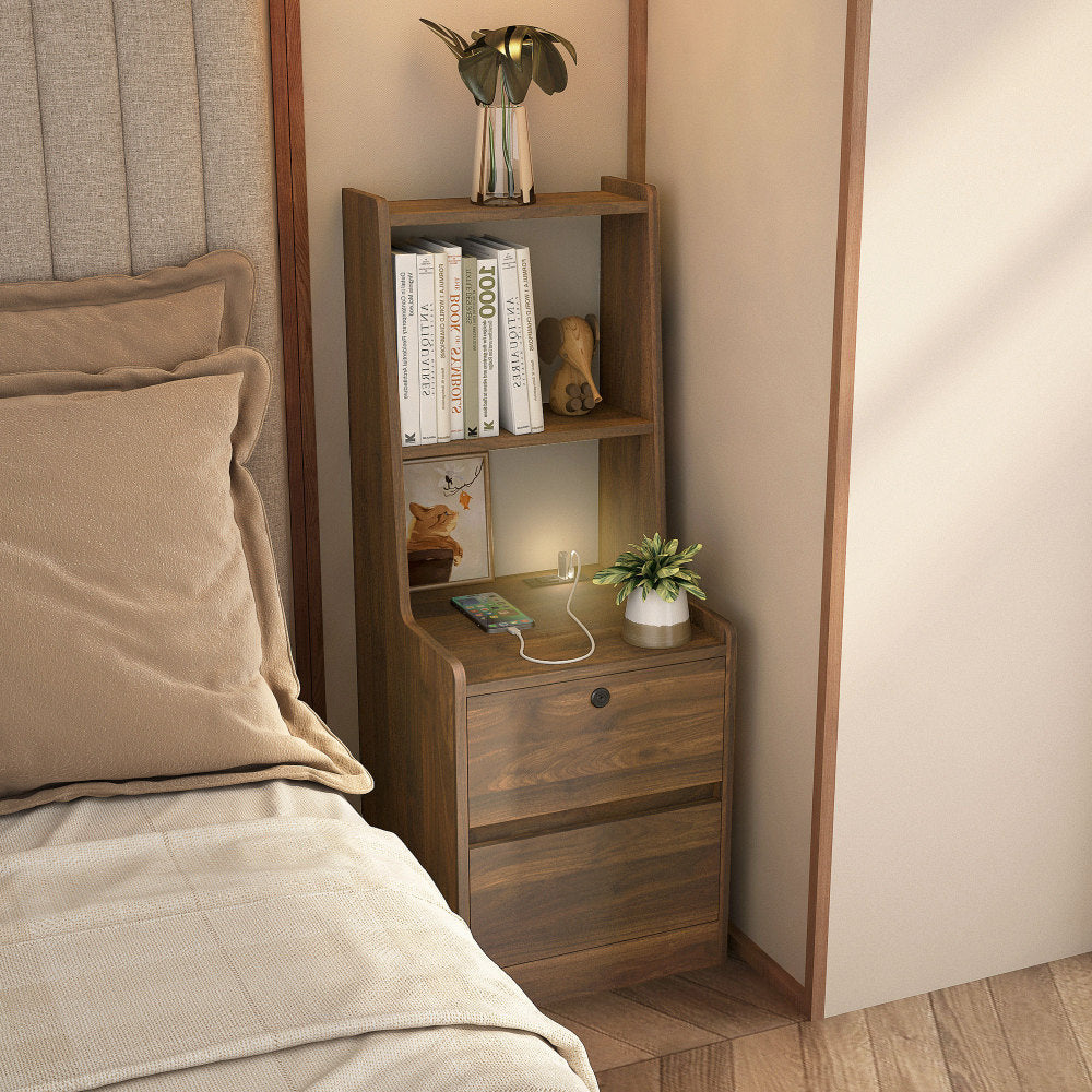 Nightstand with Charging Station, Smart Nightstand with Night Light, Modern Night Stand with Bookshelf, Bedside Tables with Storage Cabinet for Bedroom, Black