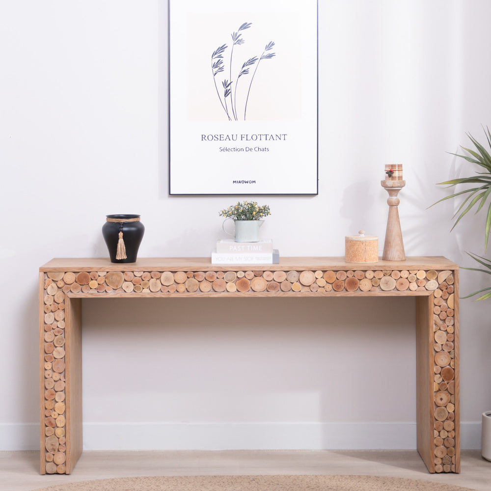 Rustic Wooden Console Table with Drawer – Minimalist Design, Ribbed Texture, and Natural Finish