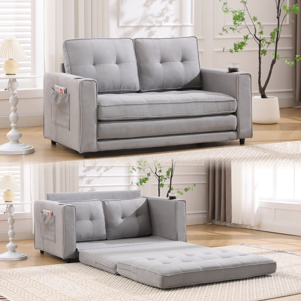 {VIDEO Provided}3-in-1 Upholstered Futon Sofa Convertible Sofa bed,Foldable Tufted Loveseat with Pull Out Sleeper Couch Bed,Folding Mattres Love Seat Daybed W/Side Pockets and Cup Holder, Dark Gray