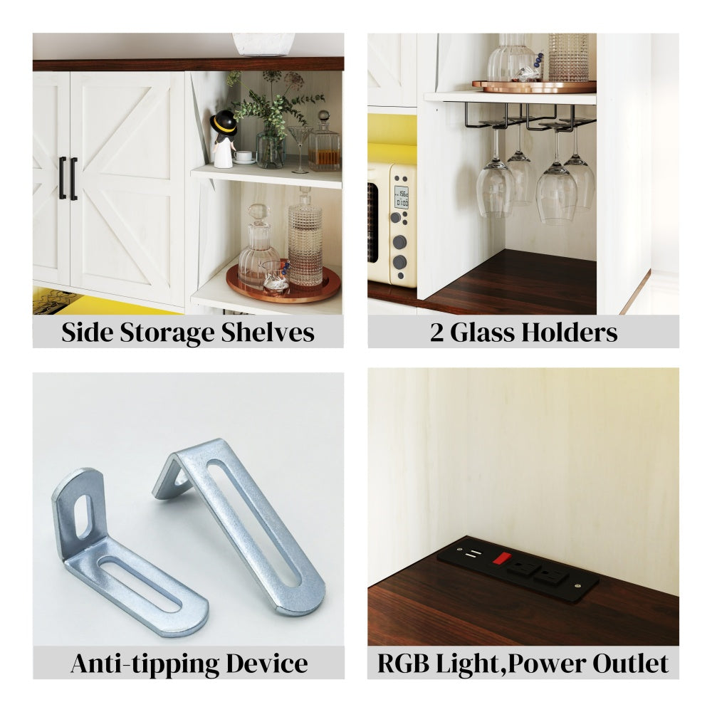 71'' Farmhouse Kitchen Pantry Sideboard with Cabinet and Drawer, Multifunctional Kitchen Buffet with Hutch and Glass Holder, Microwave Stand with Charging Station for Kitchen and Dining Room